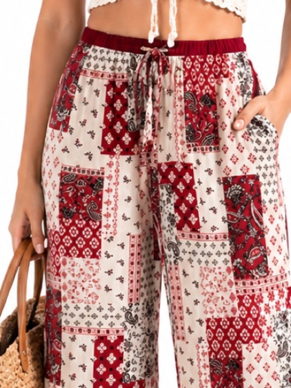 Boho Patchwork Wide-Leg Pants - Cream & Red - Picture 3 of 3